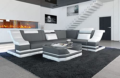 Sofa Dreams Ecksofa Bianchi Stoffsofa - mit LED Beleuchtung, verstellbare Kopfstützen, Mikrofaser/Ausrichtung wählbar (Ecke Links, Weiss-Grau)