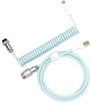 Kraken Mint Cyan Coiled Keyboard Cable - Artisan Coiled USB C Cable with Aviator Connector for Mechanical Gaming Keyboards
