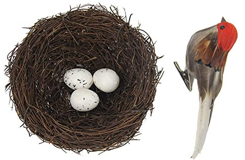 LICHENGTAI Ostern Vogelnest Deko, Handgemachte Rattan Vögelnest mit Eiern und Vogel, Ostern Eiernest Osterkörbchen Künstliches Natürliches Vogelnest für Zuhause, Oster Party, Foto Requisiten
