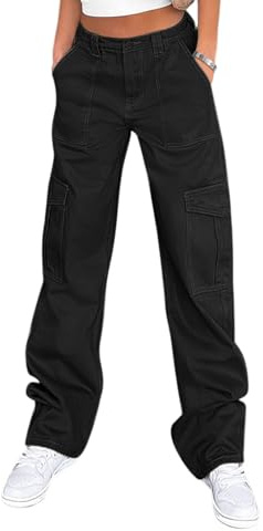 Lepunuo Cargo Pants for Women High Waisted Casual Pants Baggy Stretchy Wide Leg Y2K Streetwear with 6 Pockets Black