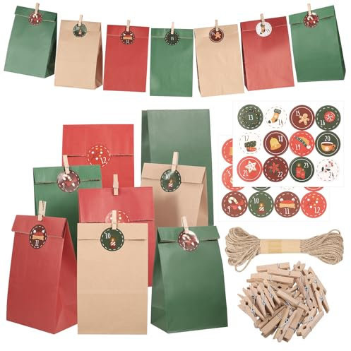 24 Stück Papiertüten, 13x24x8cm Adventskalender zum Befüllen 2024 Geschenktüten Papier 70gsm Mitgebsel Tüten Adventstüten mit Weihnachtssticker Holzclips Hanfseil für Party Weihnachtsdeko