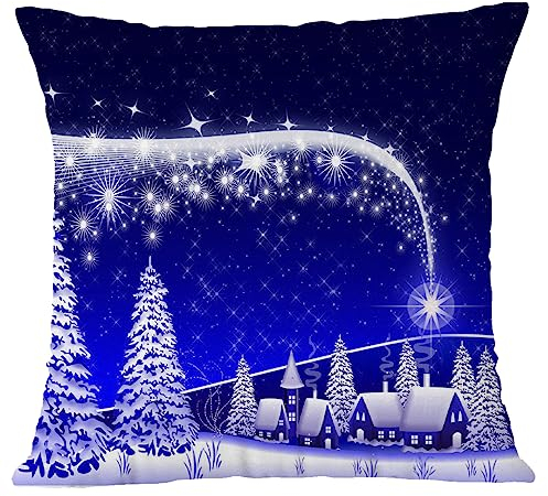 Hangood Weihnachts-Kissenbezug, Weihnachtsdesign, 40 x 40 cm, glänzend, Schneebaumblau
