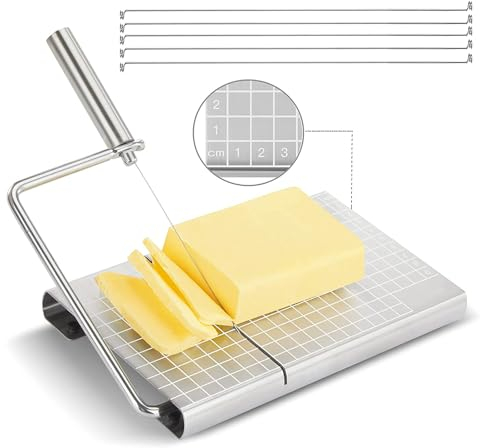 Cortador de Queso, Cortador de Mantequilla, 1 Cuchillos para Mantequilla, Cortador de Queso en Acero Inoxidable con 5 Alambres de Repuesto, Cortador para Queso Suave, Mantequilla y Jamón, Plata