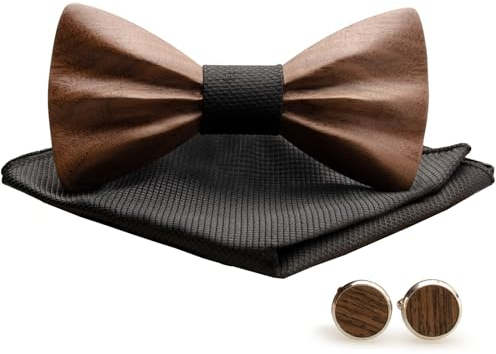 MERIT OCEAN Holzfliege, 3d Holz Fliege Schwarze Walnuss Herren Massivholz Manschettenknöpfe Einstecktuch Set Bräutigam Trauzeuge Hochzeitsgeschenk mit Box für Männer Schwarz