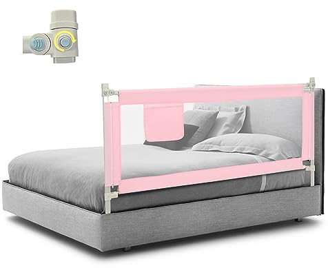 COSTWAY Bettgitter 175 cm, Bettschutzgitter abschließbar mit 24 einstellbare Höhen & Seitentasche, Rausfallschutz Bett & Boxspringbett für Baby & Kleinkinder (175cm, Rosa)