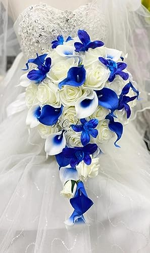 DBDJWHJ Weiße Seide Rose Königsblau Blumen Braut Bouqet Hochzeit Galaxy Orchidee Calla Lilie Cascade Brautstrauß Stil 1