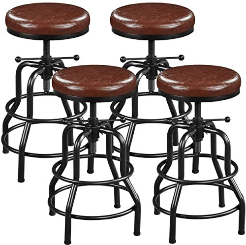 Yaheetech Lot de 4 Tabouret de Bar Industriel en Similicuir Tabouret Haut Rond Réglable en Hauteur avec Deux Repose-Pieds Chaise de Cuisine Cadre en Métal pour Cuisine Restaurant Bistrot Marron