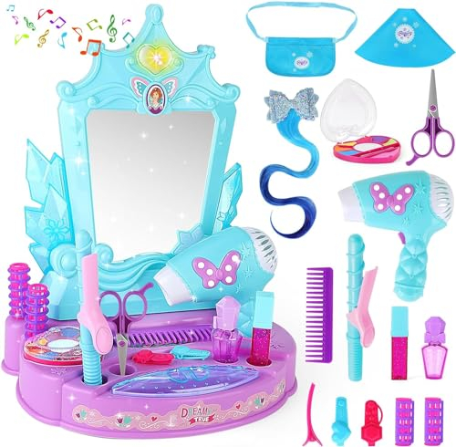 deAO Frisiersalon - Schminktisch Kindermit mit Lockenstab, Haarspange, Haartrockner, Perücke, Schere, Kamm Frisiertisch Spielzeug für Kinder ab 3 4 5 6 7 Jahren