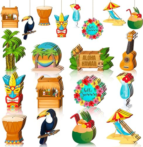 Sommer Holz Hängende Ornamente, 36pcs Baumschmuck Sommer, Hängedeko Holz Sommer, Strand Deko Hawaii, Hawaii Deko Holz, mit Seil, Perfekt für Sommerliche Hawaii-Tropenpartys(Aloha)