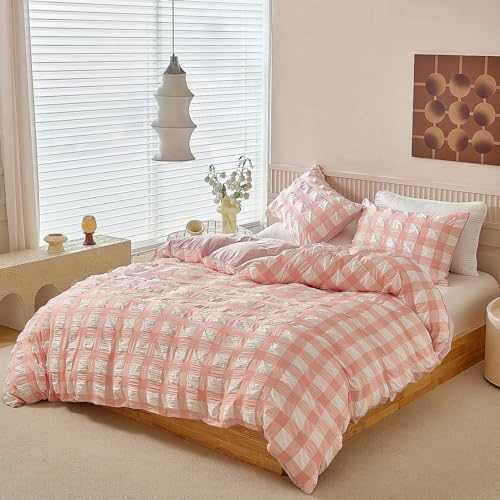 Boqingzhu Seersucker Bettwäsche 200x220cm Rosa Weiß Kariert Aesthetic Vintage Kühlende Sommerbettwäsche Set Wende Microfaser Bettbezug und 2 Kissenbezüge 80x80cm mit Reißverschluss