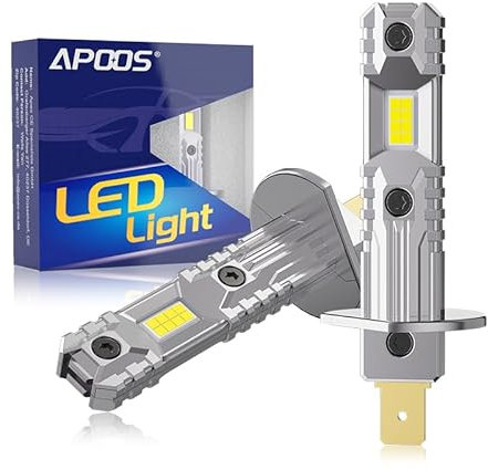 APOOS Ampoule H1 LED Phare 60W 300% Lumineuse sans Ventilateur,sans Polarité Remplacement Halogène Kit De Conversion de Voiture et Moto 12V H1 LED Feux 6500K Blanc 2 Ampoules