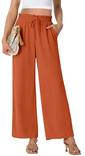 PrinStory Pantalon palazzo léger à jambe large pour femme, taille haute, ample, décontracté, droit, d'été