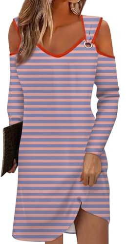 RMBLYfeiye Temu Shop Kleidung Damen Kleid Sommer Schöne Abschlussballkleider Sommerkleid+Damen V-Ausschnitt Langarm Strandkleid Rückenfrei Gestreifter Druck Midikleid Kleid Eng (Purple Pink, XL)