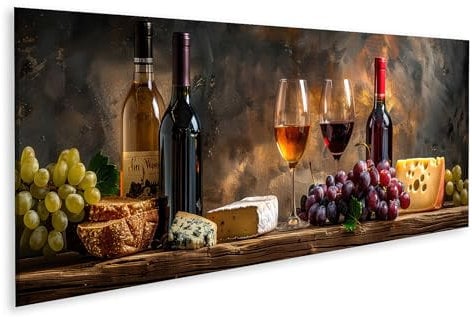 islandburner Bild auf Leinwand Rustikales Stillleben mit Weinflaschen Gläsern Trauben Käse Brot auf Holztisch Bilder Wandbilder Poster