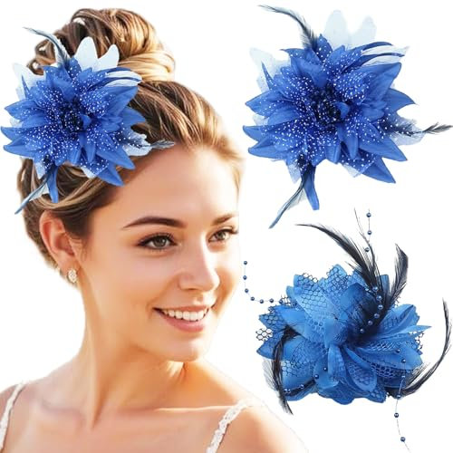 2Pcs Flower Feather Fascinators, Rose Hair Clip Large Feather Flower Hair Accessory for Women Girls Party Wedding (Dark Blue)