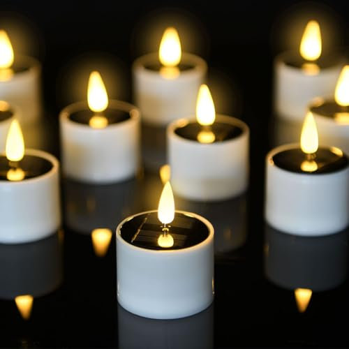 AMFUN Solar Teelichter Außen Wasserdicht, 6 Stück LED Teelicht, Realistische Flackernde Glühbirne, Batteriebetriebene Teelichter für Hochzeit Festival Parteien
