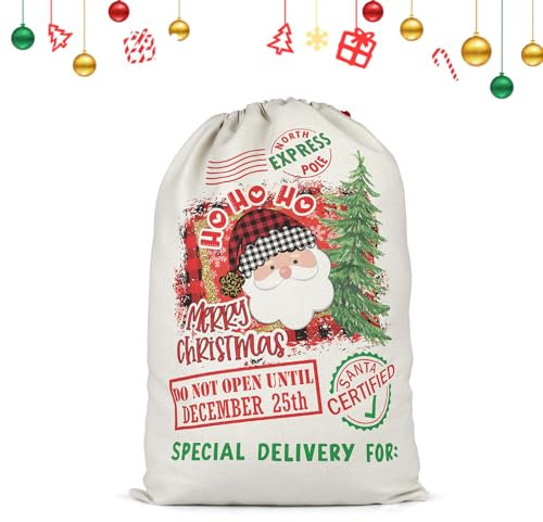 FOSDICK 64x48cm Weihnachtsmann Sack, Groß Weihnachtssack, Weihnachten Santa Tasche mit Kordelzug, Nikolaussack zum Verpacken von Geschenken, Weihnachten Santa Sack Wiederverwendbare für Dekoration