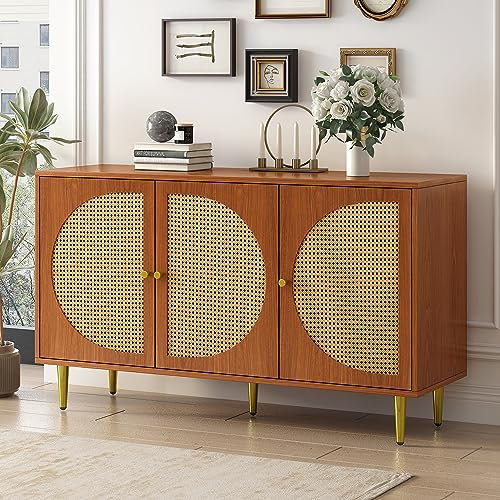MURUL Sideboard mit 3 Rattan verzierten Türen Kommode Highboard mit Metallgriffe, Nussbaum, für Schlafzimmer & Wohnräume & Büro,129.8X 40x 76cm (Holzfarbe)
