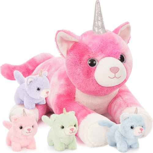 MorisMos XXL-Kuscheltier, riesige Katze, 60 cm, Mama-Schaf mit 4 Kawaii-Babys, realistisch, weich, Katze, Einhorn, Plüschtiere, groß, Teddybär, Geschenk für Kinder, Geburtstag, Weihnachten, Deko