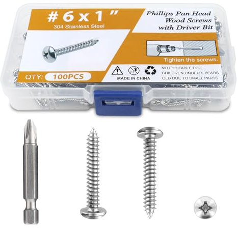100PCS #6 x 1 Wood Screws, Pan Head Phillips Stainless Steel Sheet Metal Screws, Fast Self Tapping Screws for Deck Drywall Concrete Screws with Screwdriver Bit