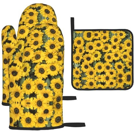 Set di 3 guanti da forno natalizi con girasole e presine, guanti da cucina resistenti al calore
