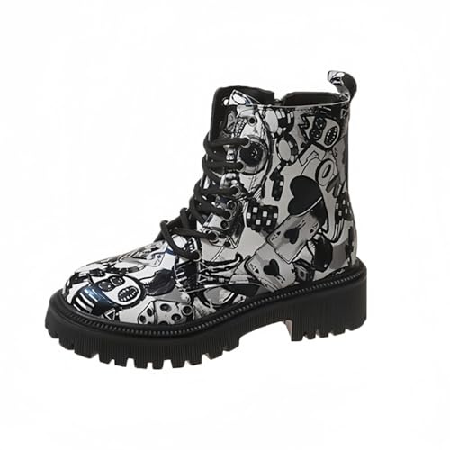 Ulalaza Frauen gedruckt kurze Stiefel Herbst und Winter Lace-up-Kampfstiefel Stiefeletten Rose Schädel Cartoon-Muster Geschenke für Mädchen Frauen