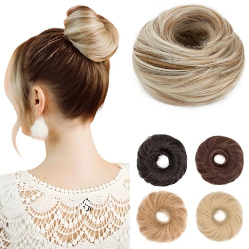 Benehair Haarteil Mit Gummiband Dutt Haarteil Haargummi Mit Haaren Synthetisch Haarverlängerung Haardutt Messy Bun für Damen Mädchen(Sandblond mit Bleach Blonde, 55g)
