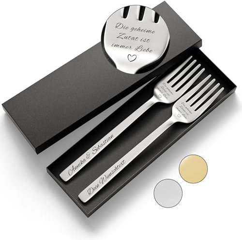 SMARTEON Gabel Set mit personalisierter Gravur – Hochzeitsgeschenke für Brautpaar, Geburtstag, Jubiläum, Geschenkidee für Paare – Kuchengabeln mit Namen mit Geschenkbox (Design 5, Silber)