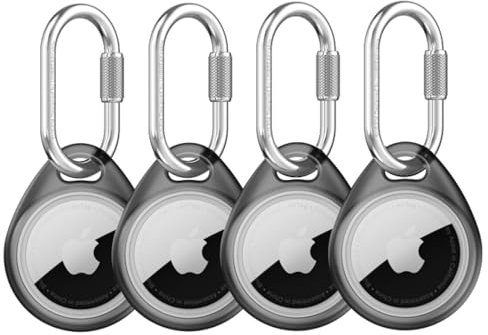 UNBREAKcable Holder for Apple AirTag (4 Pack) - TPU Protective Case with 304 Stainless Steel Twist Lock Carabiner Clip, Anti-Lost, Waterproof, Snug Fit, Anti-Scratch, Translucent Black