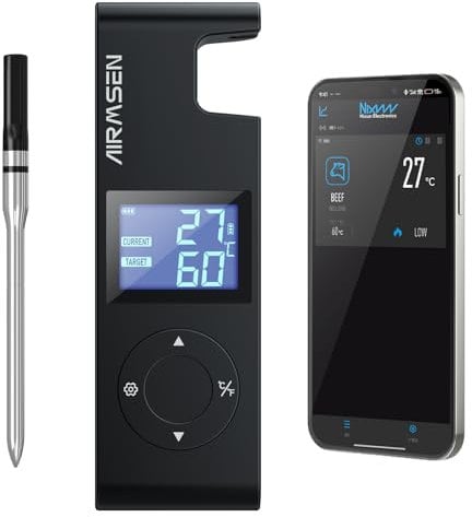 AIRMSEN Termometro da Carne Wireless con Manico in Ceramica Resistente al Calore & Display LCD - Monitoraggio 150M, Controllo via App Bluetooth 5.4 per Affumicatura BBQ - Batteria 1000mAh