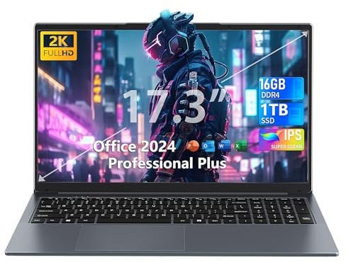 Fsjun 【Office 2024 / Win 11 Pro】 17,3 Zoll Laptop, Celeron N150 bis zu 3,6 GHz, FHD IPS Display, 16 GB RAM, 960GB NVMe SSD, Beleuchtete Tastatur, großer Akku, HDMI, USB 3.0, Type-C, WLAN, PC