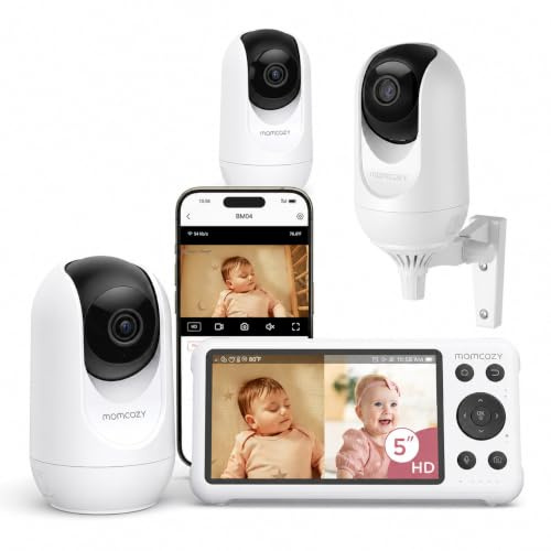 momcozy Baby Monitor Video 1080P 5 con App, 5000mAh Batteria, Telecamera Neonato WiFi, Zoom 4X, Visione Notturna Nitida, Audio Bidirezionale, Rilevamento Movimento, Supporto a Parete (BM04)