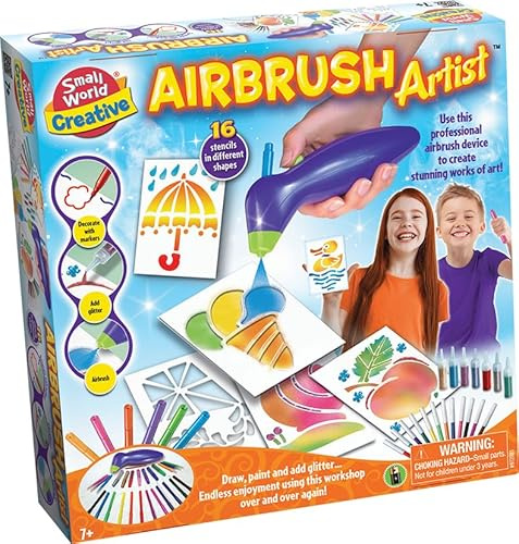 Small World Toys Creative Airbrush Artist Set, 16 Stencils, Professional Device with Glitter Effects, Create Stunning Works of Art, for Boys and Girls Ages 7+