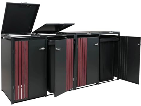 Mendler 4er-Mülltonnenverkleidung HWC-O67, Mülltonnenbox mit Deckel, Metall 122x264x84cm 104kg - anthrazit Holzoptik dunkel