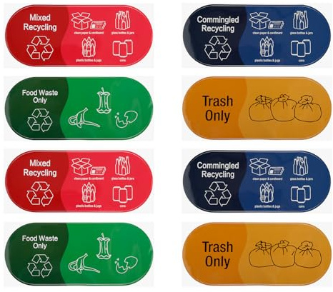 Tabanzhe Recycling Bins Stickers-8 Pack Self Adhesive Waterproof Decals Recycle Signs 23cm x 10cm Food Waste Mixed Rubbish Stickers for Indoor Outdoor Kitchen