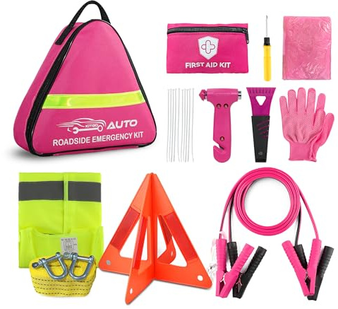 Pink Car Emergency Kit for Women & Girls, Emergency Roadside Assistance Set with Jumper Cables, First Aid Kit, Safety Hammer, Tow Rope and Stylish Pink Car Tools
