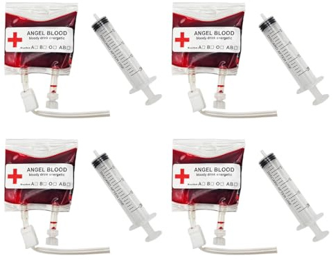 Tradineur - Pack de 4 bolsas de sangre falsa y jeringuilla, plástico, complemento para disfraz vampiro, decoración, Halloween, carnaval, fiestas temáticas, terror - 75 ml