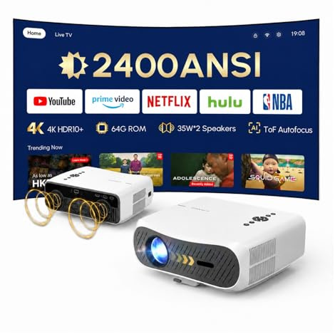 4K Smart Beamer für Tageslicht, 2400 ANSI mit Netflix, 70W Dolby Audio & HDR10+ | HDMI eARC,Auto-Fokus, WiFi 6 & Bluetooth,CEC| Outdoor und Heimkino Beamer
