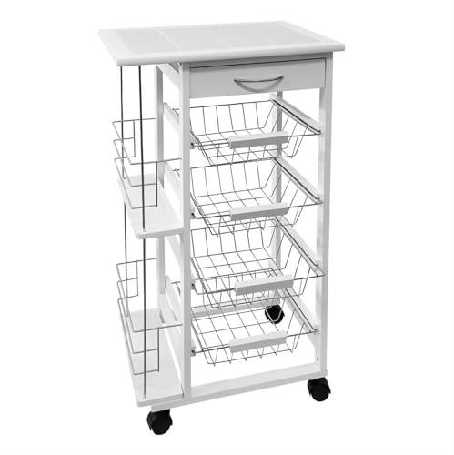 EMPOTEC Carrello Cucina in Legno con Top Ceramica, Bianco, 4 Cesti Estraibili, con Ruote, 84x47x37 cm Cesti Frutta Estribili