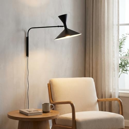 BARCELONA LED Große Wandlampe Industrie 40 cm Durchmesser, Schwenkbarer Wandarm, Vintage und Modern Stil, Metall Schwarz Lampenschirm Innen Weiß, Ideal für Restaurant, Treppe Schlafzimmer