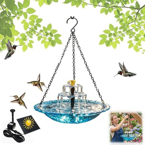 2026 Solar Cascade Hanging Bird Bath Fountain, Outdoor Hanging Bird Bath with Solar Fountain, Hanging Humming Birdbath with Solar Pump, Garden Decoration, Attracts Hummingbirds & Wild Birds (Blue)