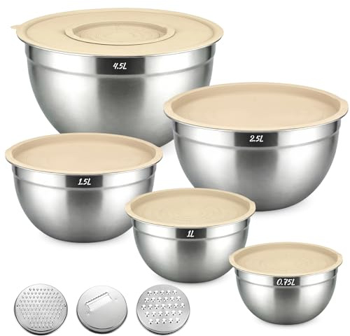 JTOOYS Mixing Bowls Set of 5 - Stainless Steel Mixing Bowls with Lids & 3 Grates Nesting Salad Bowl with 0.7/1/1.5/2.6/4.6L, Idea for Baking/Prepping/Serving/Food Storage, Dishwasher Safe, Khaki