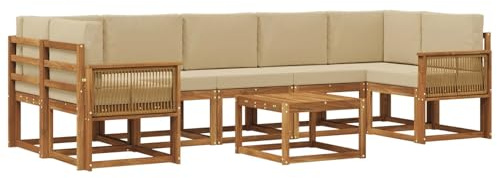 vidaXL Outdoor-Sofagarnitur mit Kissen 8 pcs Natur und Beige Polyester, Moderner Outdoor-Sofa-Set, Flexible Sitzgelegenheiten, Akazienholz, Lounge für Terrasse, modulares Gartenmöbel