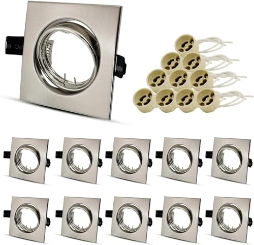 Allesgute 10er Einbaustrahler Rahmen GU10 Set Schwenkbar Eckig 230V Einbauleuchte Einbaurahmen in Edelstahl Gebürstet Optik Mit GU10 Fassung für LED oder Halogen Leuchtmittel