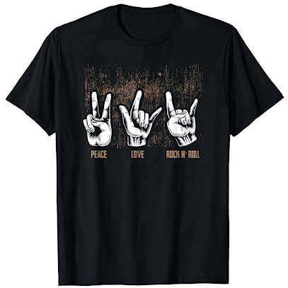 Band Shirts Peace Love Rock and Roll Guitarrista Hippie Camiseta