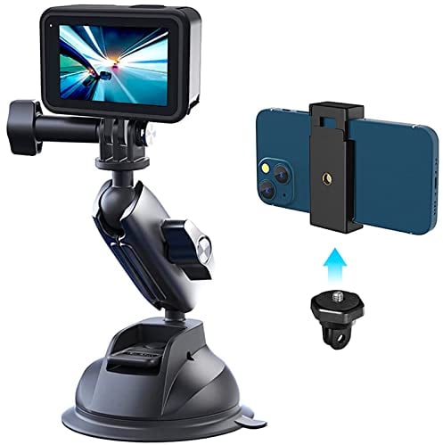REYGEAK Soporte de Ventosa de aleación de Aluminio para teléfono móvil - para GoPro Hero 11/10/9, rotación de 360° Resistente con Soporte de teléfono y Rosca de 1/4, Insta360 X3 (Estilos de Botones)