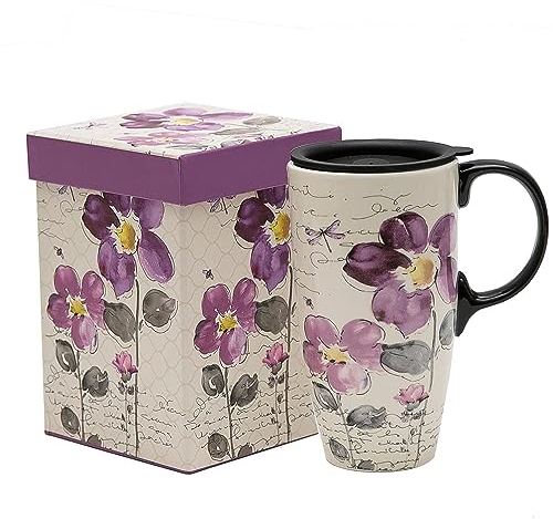 DUSVALLY Ceramic Mug Coffee Mug with Lid Porcelain Cup with Box Latte Mug 17oz. Purple Flowers