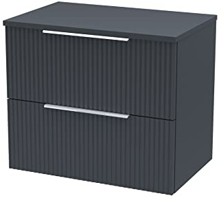 Hudson Reed DFF1493W Fluted Modern Bathroom Wall Hung 2 Drawer Vanity Unit with Colour Match Worktop, 600mm, Soft Black
