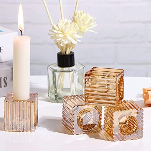 Bougeoir carré en Verre Brillant, AOOGON 12 Paquets de bougeoirs bougeoirs de Pilier pour la décoration de la Maison de Date de Mariage (4pcs, Ambre)