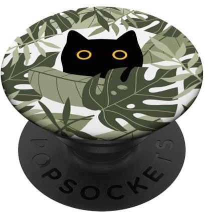 Cute Botanical Flower Floral Aesthetic Black Cat Kitty Green PopSockets Adhesive PopGrip